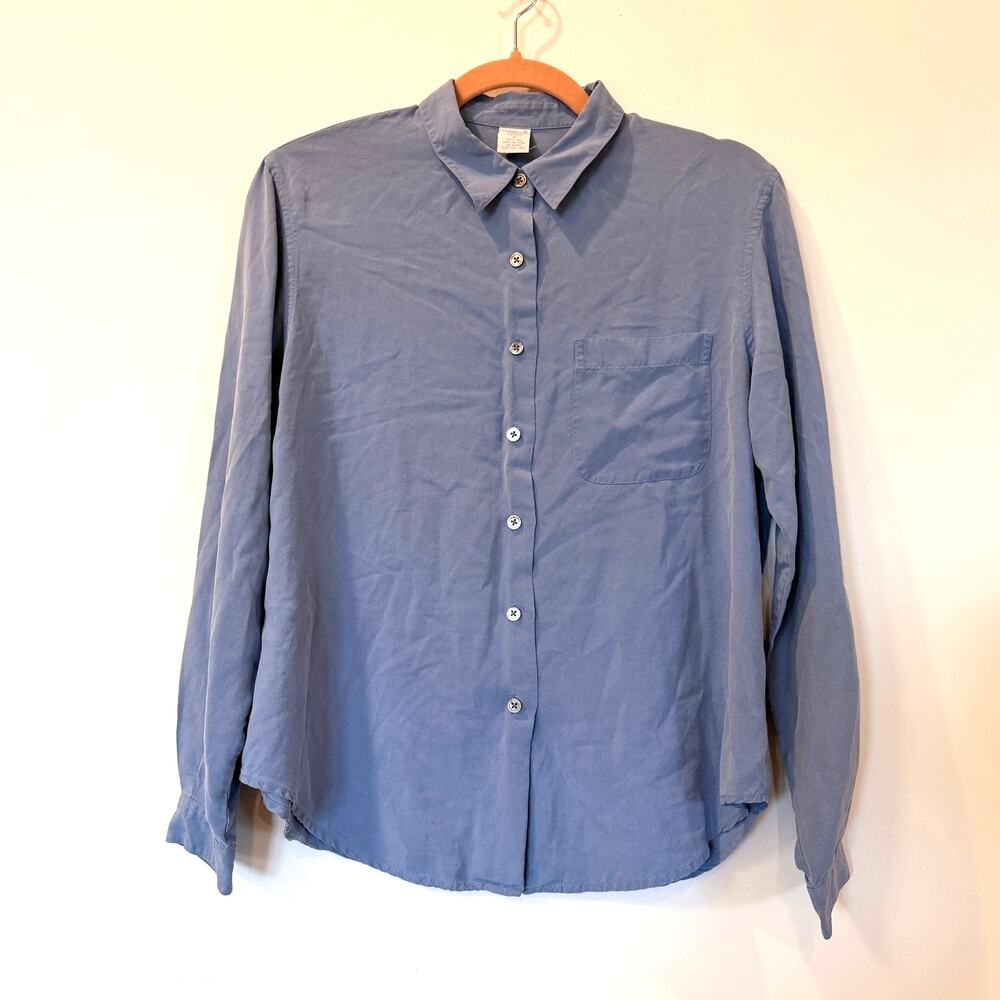 Vtg 90s Lands End 100% silk button up drapey blouse blue gray P10 old money
